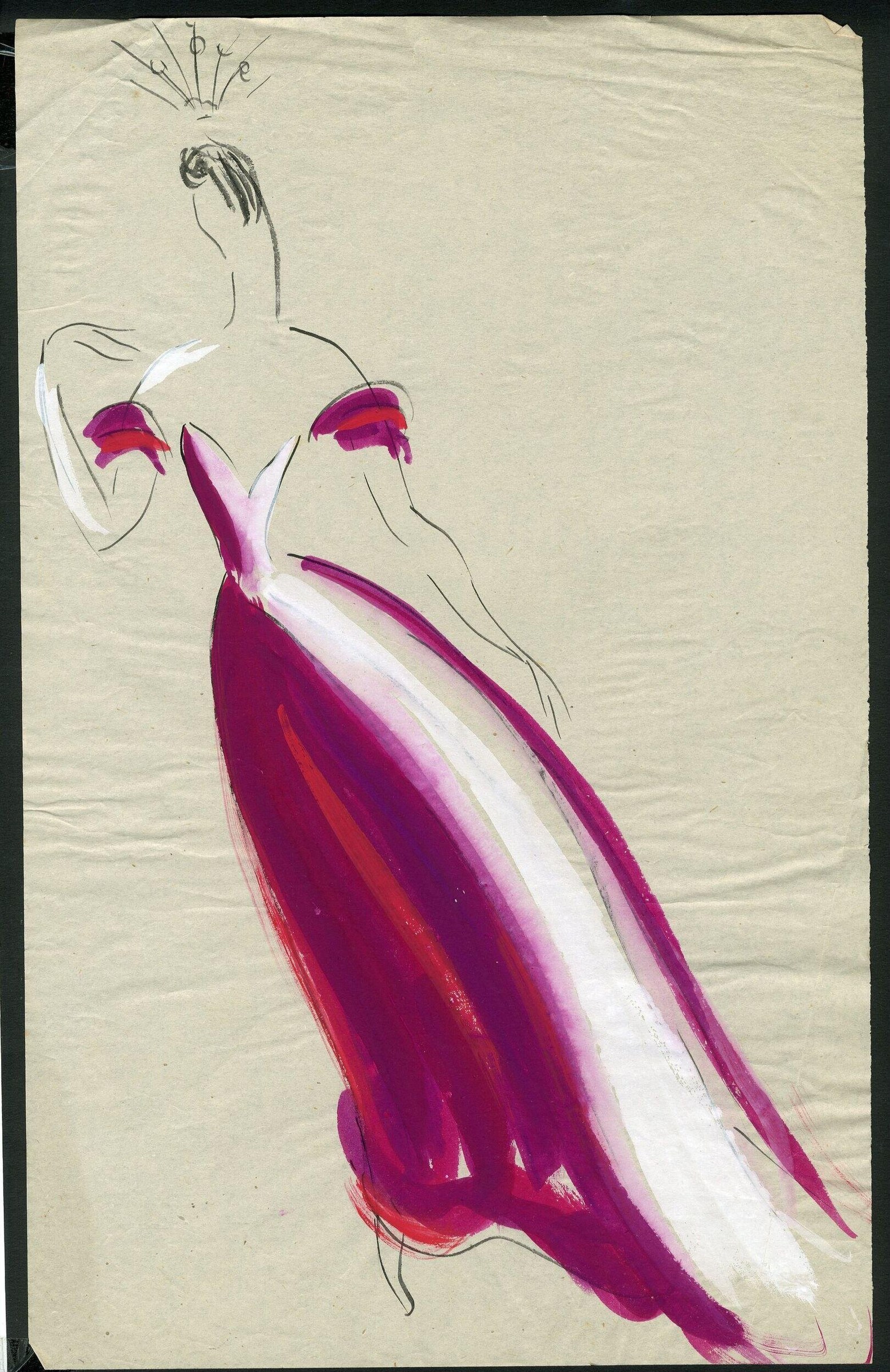 Watercolor costume design: woman in magenta evening gown with white trim, leaning forward with arm raised, sketched in expressive ink line.