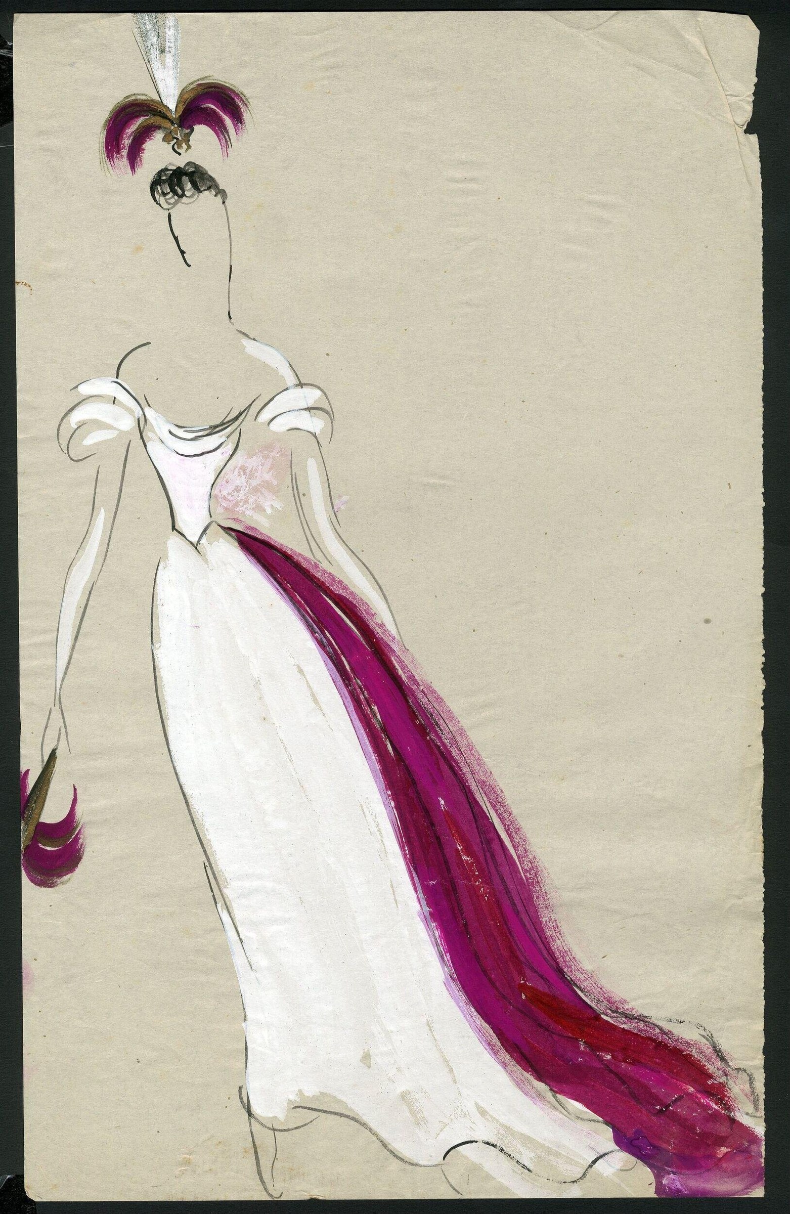 A stylized female figure in a white draped gown with purple train and feathered headdress, a costume design drawing in ink and watercolor.