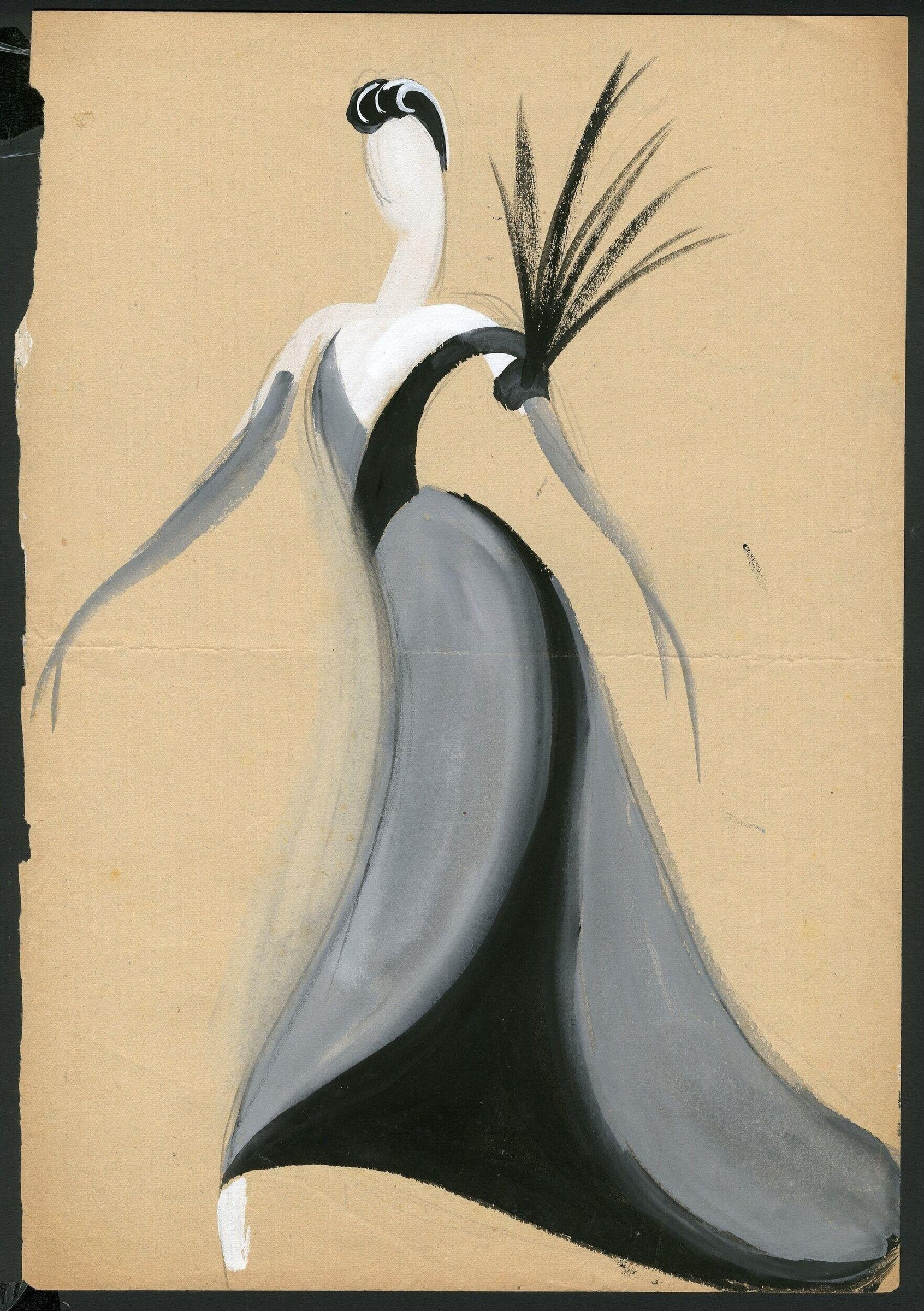 A tall, elongated figure in classical ballet pose wearing a white sleeveless top, gray draped skirt, and a tall crown of black feathers, head tilted back.