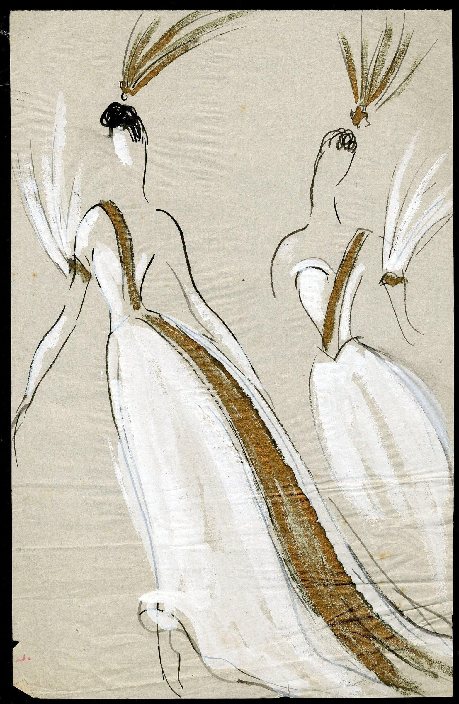 Costume design for soloist in white with tan stripe, gathered shoulders, and radiating headdress ornament; four smaller studies of the headdress above and to