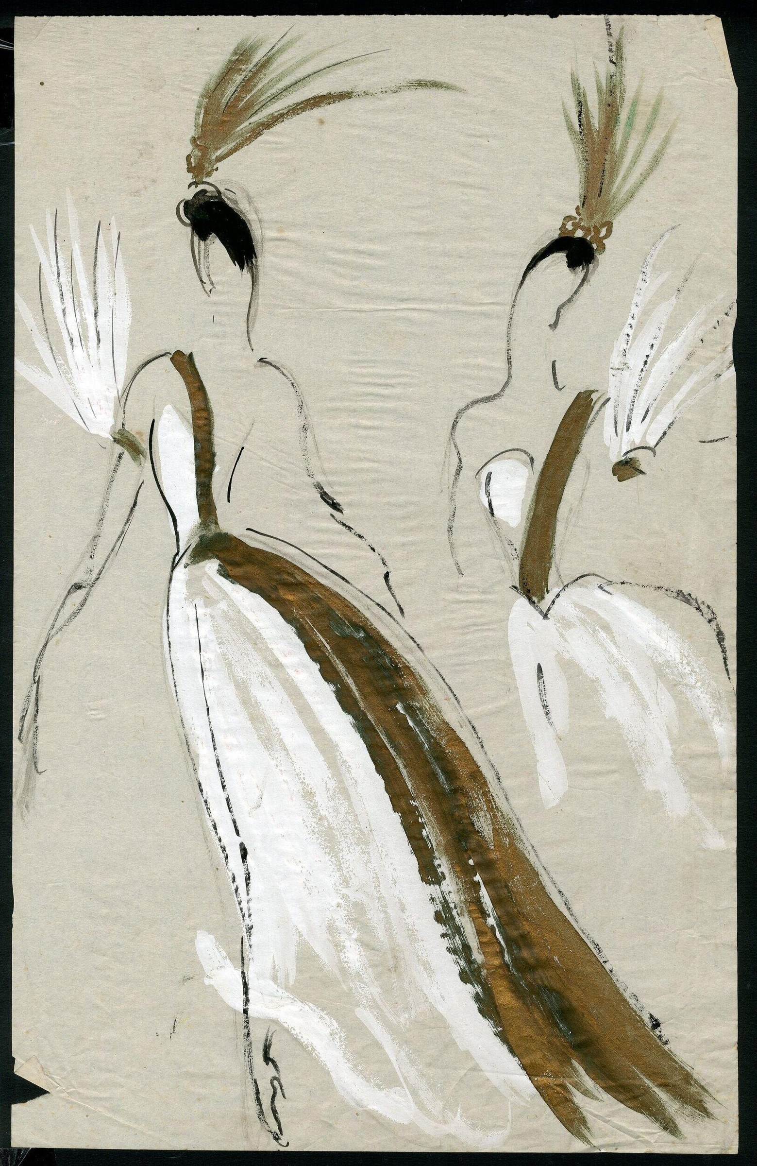 Four ballet dancers in pointe shoes, white tulle skirts, and brown bodices with feathered headdresses, arranged vertically in repeated classical positions.