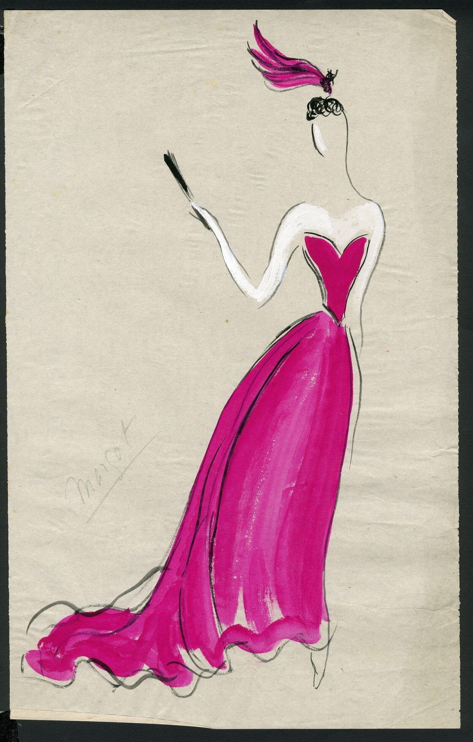 A delicate ink and watercolor sketch of a female dancer in a strapless white bodice and flowing magenta skirt with feathered headdress.