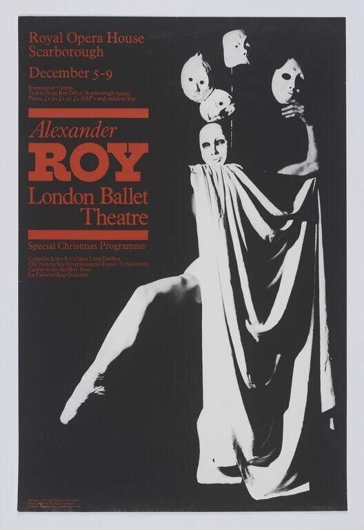 Lithographic poster for Alexander Roy's Christmas ballet at Scarborough: a female dancer in white against black, surrounded by four masklike faces, printed in