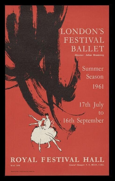 1961 ballet poster: large dark expressive marks against coral background, small white ballerina in tutu and pointe shoes in lower right.