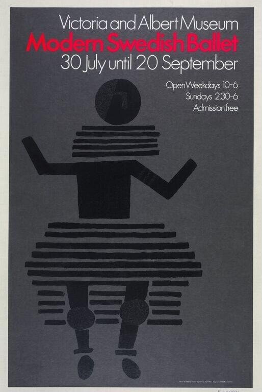 Minimalist geometric figure in black with stacked horizontal bands for torso and skirt, raised bent arms, representing abstract dance movement.