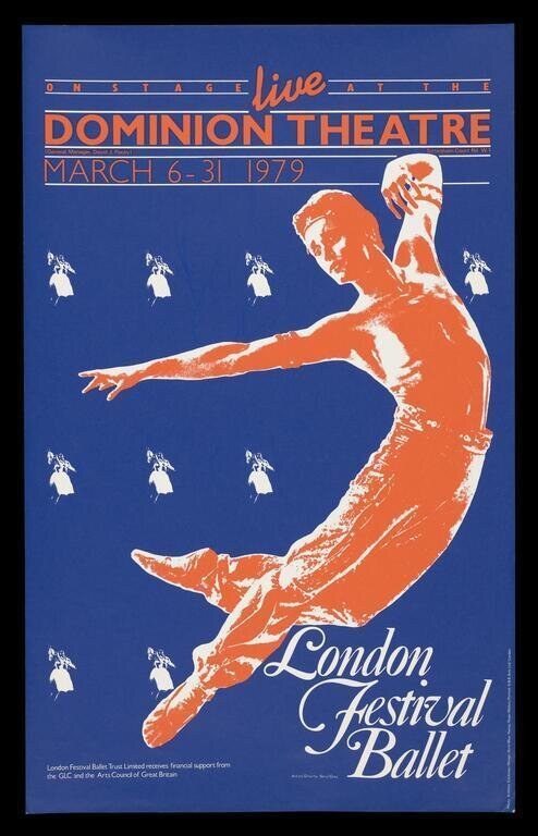 Male ballet dancer captured mid-leap with fully extended limbs against a deep blue background, rendered in burnt orange silhouette on a lithographic poster for