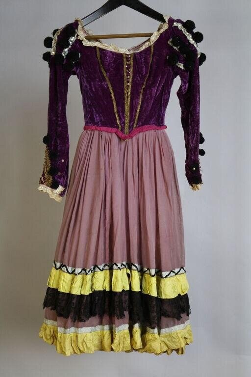 Purple velvet bodice with black pompom-trimmed sleeves; voluminous skirt in bands of pink, yellow, and black tulle, displayed on a hanger.