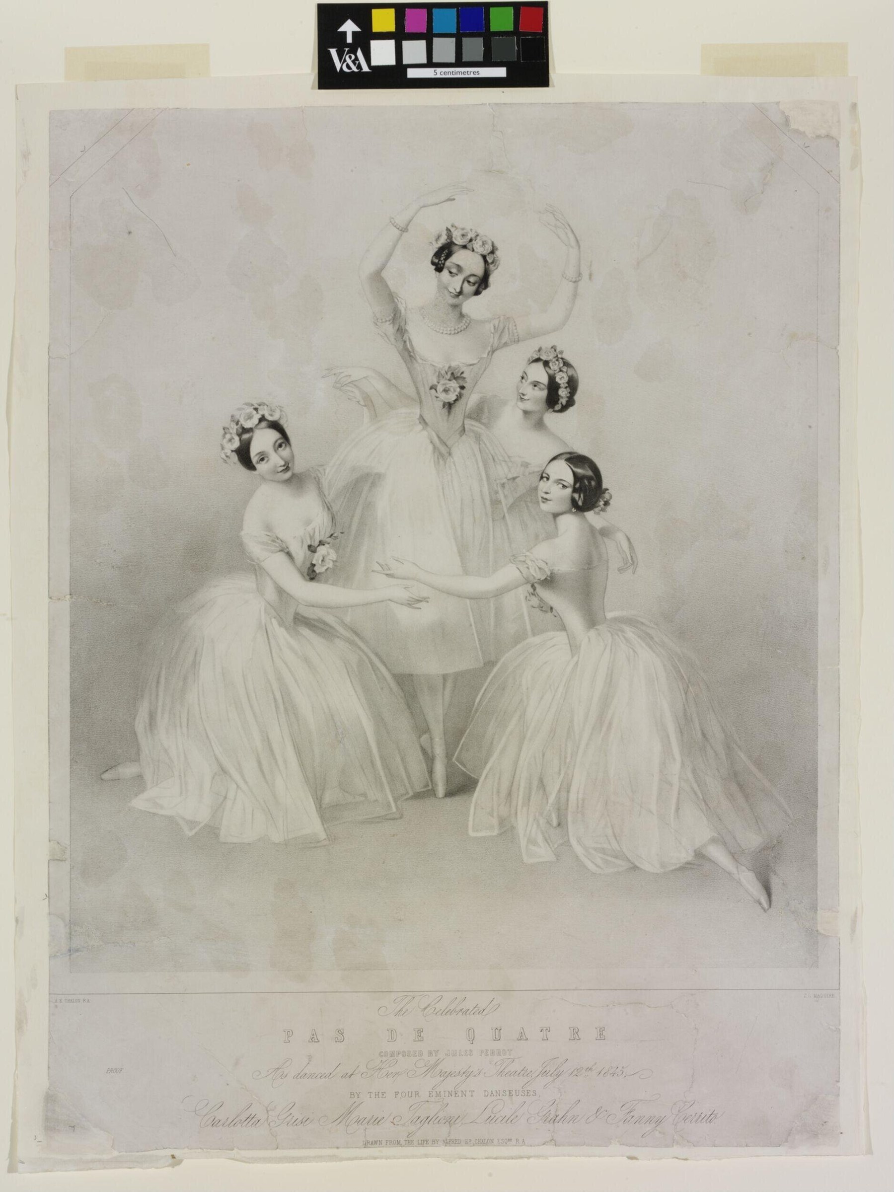 Four female ballet dancers in classical tulle dresses and flower crowns arranged in a pyramid; the central figure stands with one arm raised, three others