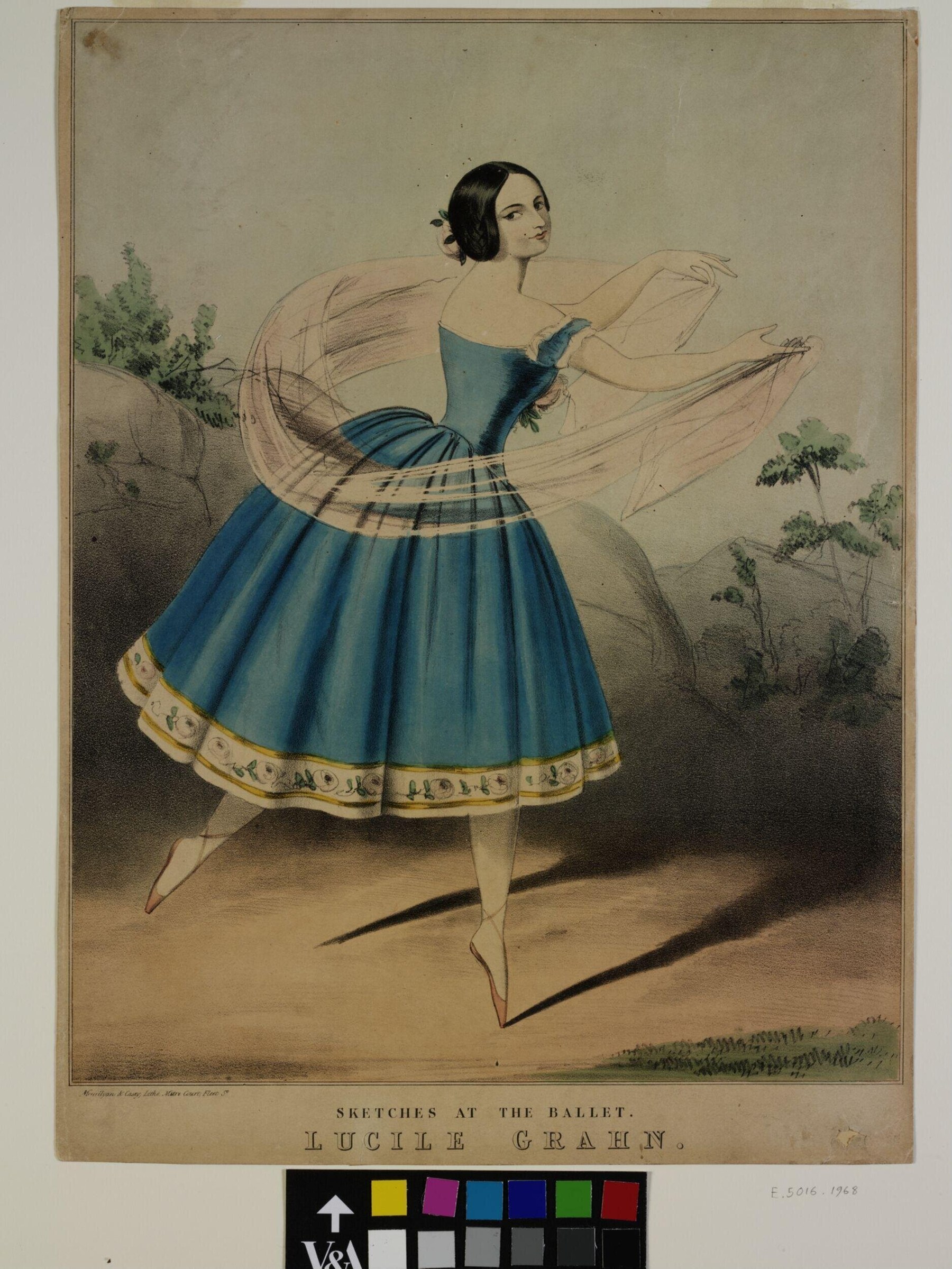 Female dancer in deep blue Romantic-era ballet costume, posed en relevé with extended arms, on a rocky landscape backdrop.