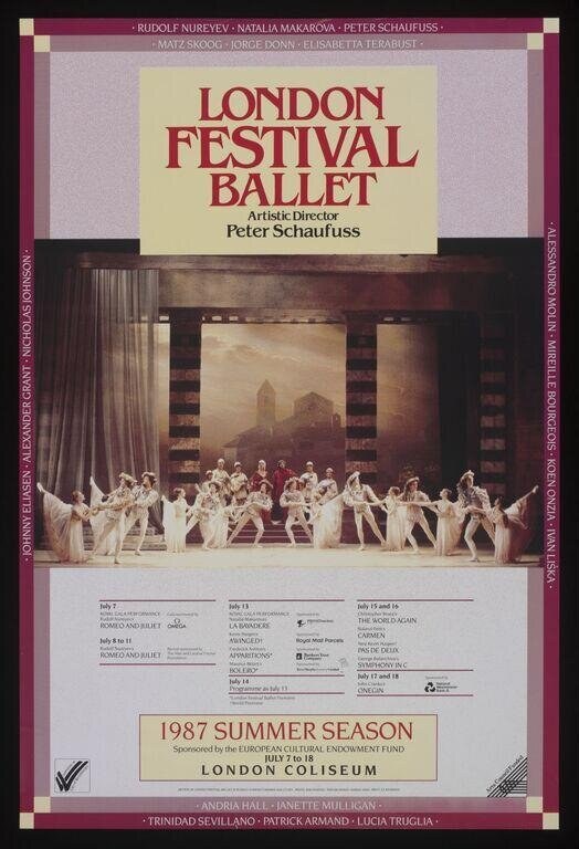 Stage scene of classical ballet ensemble in white tutus arranged symmetrically on stage with Renaissance architecture backdrop.