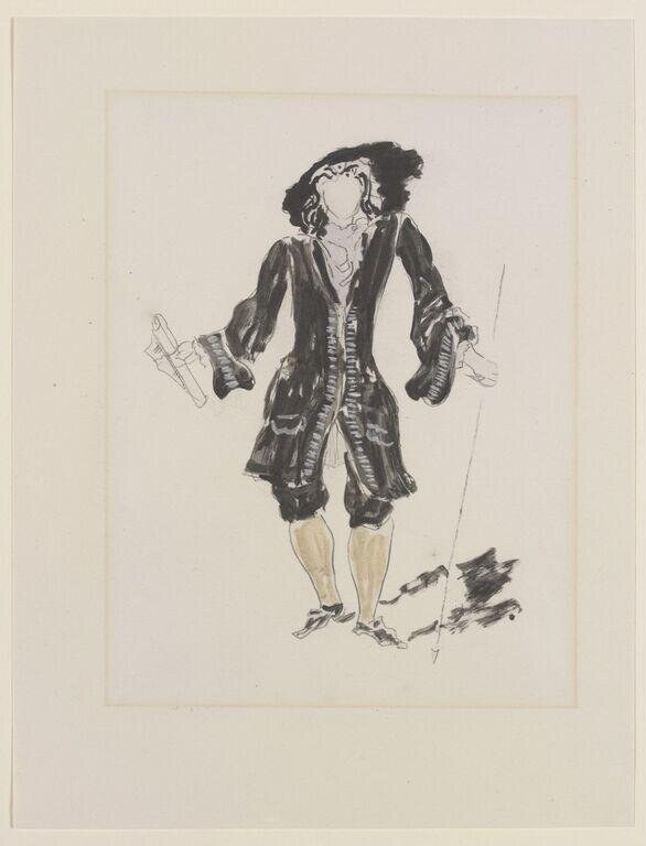 Drawing of a single figure in formal coat and bare legs, standing with arms outstretched, head rendered as blank oval.