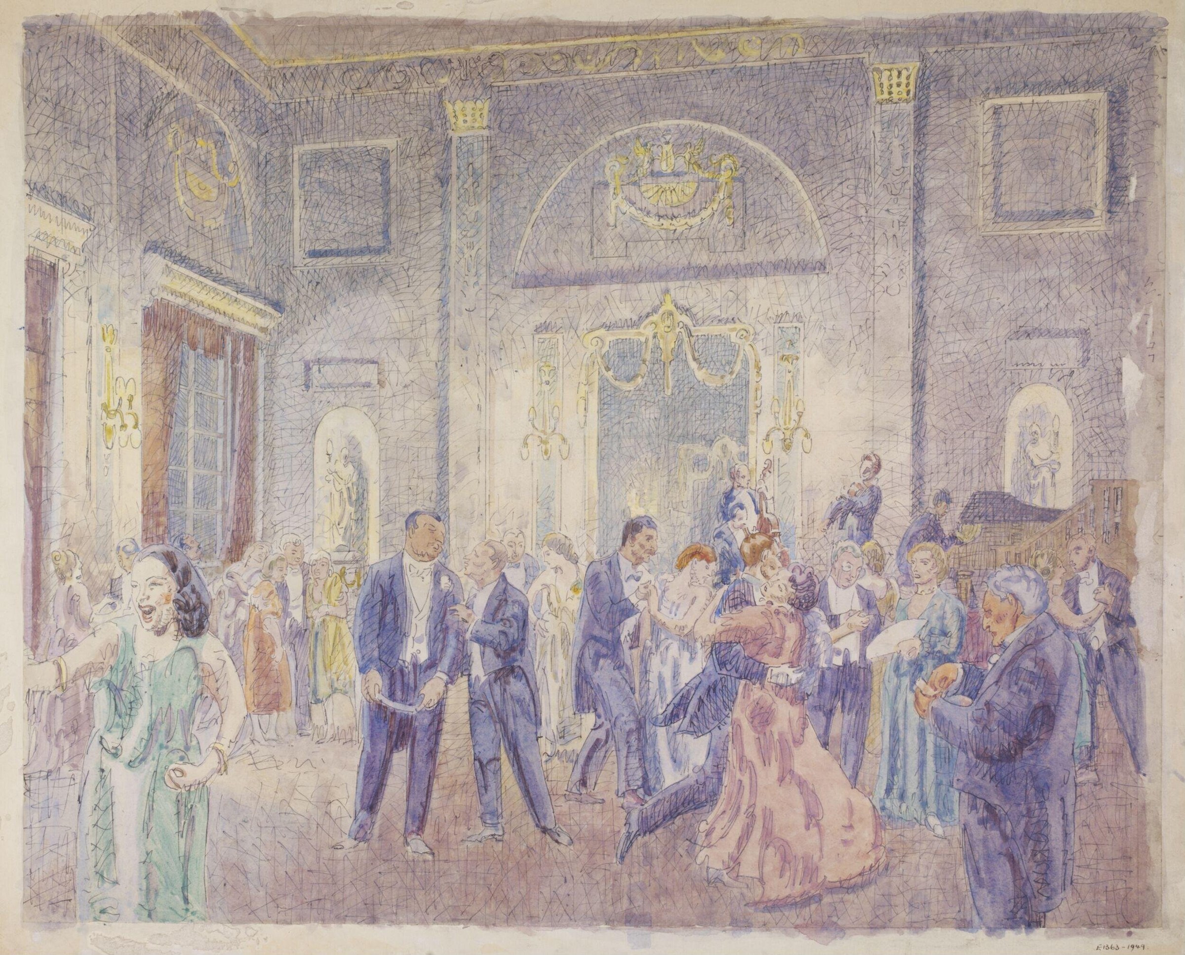 Watercolour of a 1940s ballroom at Chelmsford Shire Hall: couples in evening dress dance and converse in an ornate room with classical decoration.