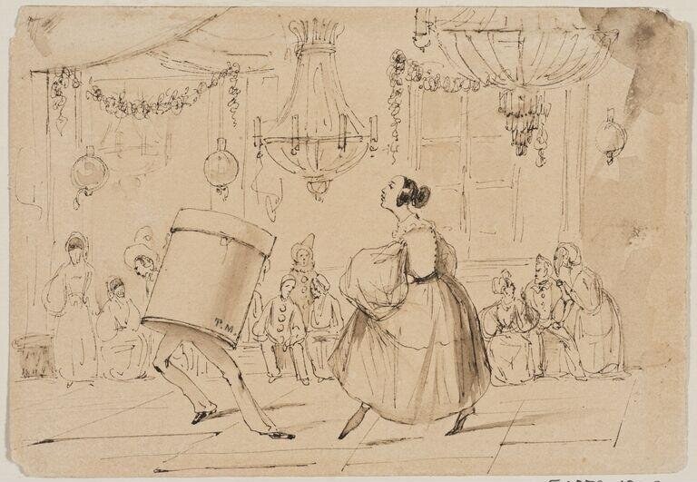 Ink drawing: a man and woman in Regency dress arch backward face-to-face while spectators in an elegant ballroom watch.