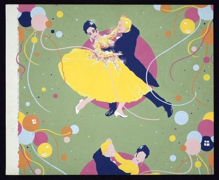Two couples in identical poses dance against a green ground: a woman in a yellow skirt, arched and airborne, supported by a man in a dark suit.