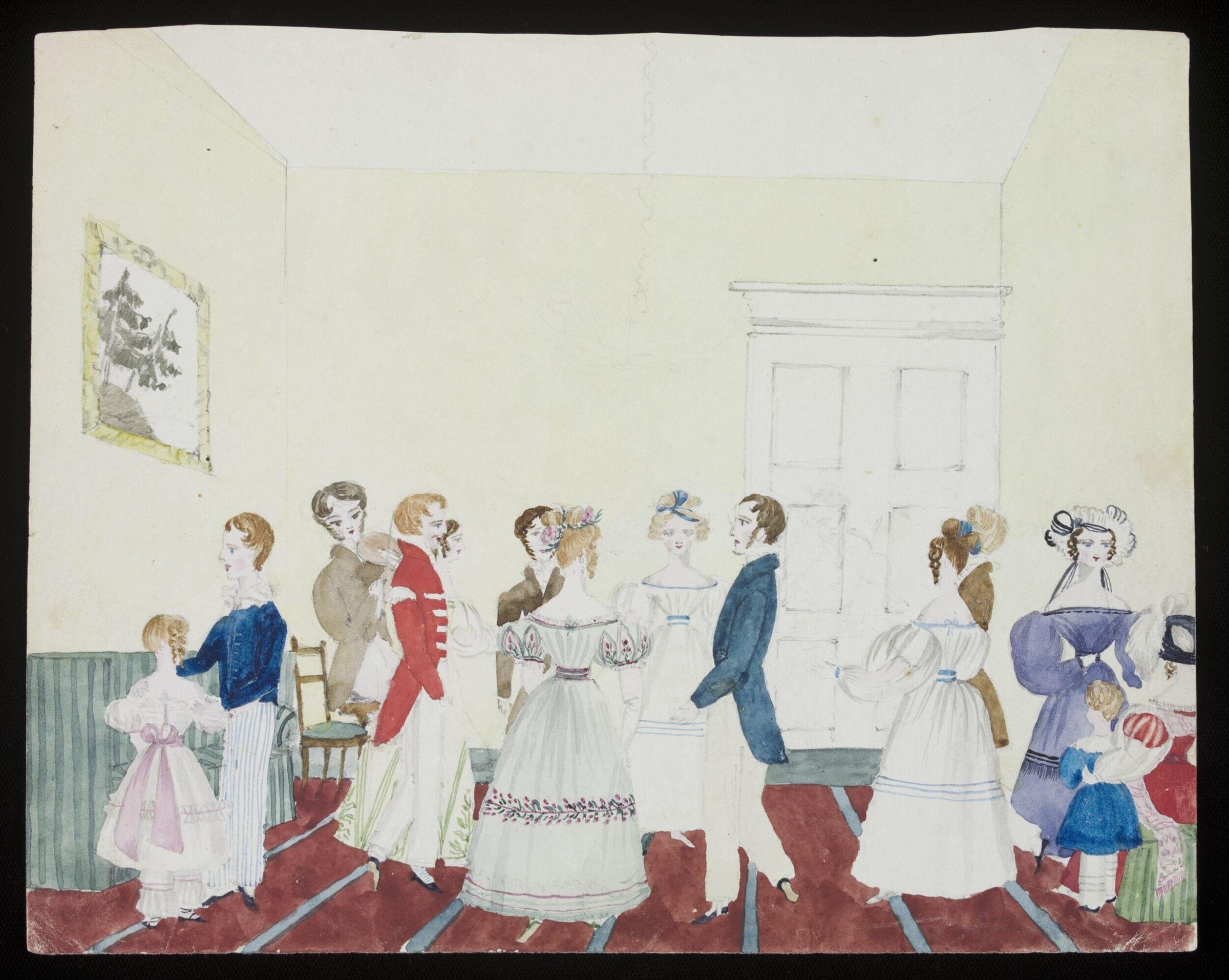 A Regency-era drawing of fashionably dressed men and women standing in formal arrangement in an interior, wearing high-waisted muslin gowns and dark tailcoats.