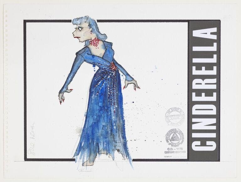 Watercolor costume design for a blue evening gown with tiered skirt, pale-haired figure in balletic pose, labeled 'CINDERELLA'