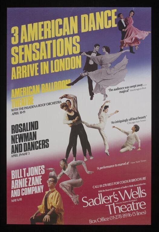 Colourful 1986 theatre poster with eight dancers in various poses against a purple-to-pink gradient, advertising three American dance companies at Sadler's