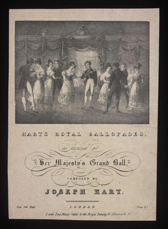 Formal ballroom scene with couples in evening dress dancing the gallopade, rendered as a detailed engraving with ornate draped curtains overhead.