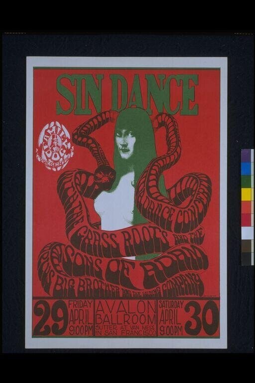 1960s concert poster with green-and-white woman's face surrounded by red coiled tentacles on crimson background; text advertises a rock concert at the Avalon