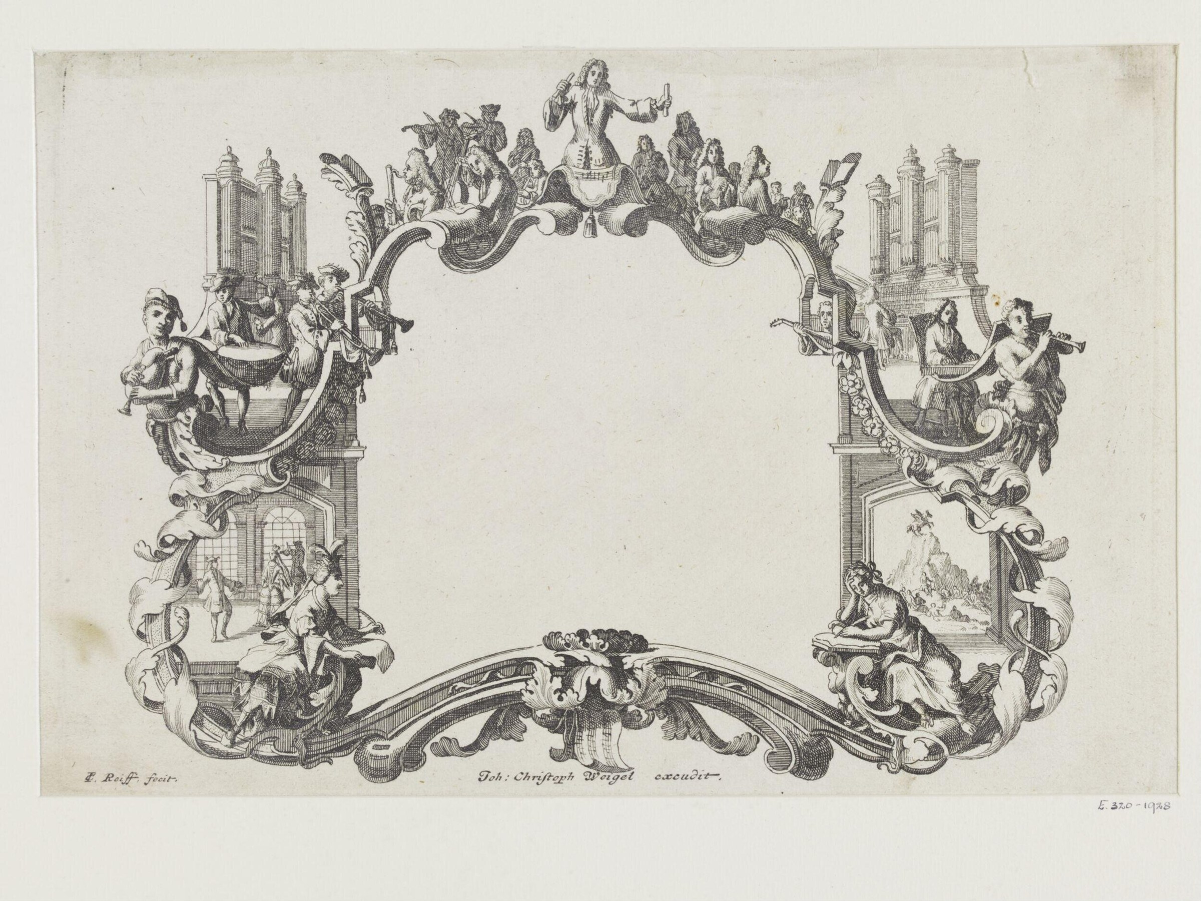 Ornate engraved frame with allegorical central female figure above a crowd, surrounded by architectural elements and smaller scenes.