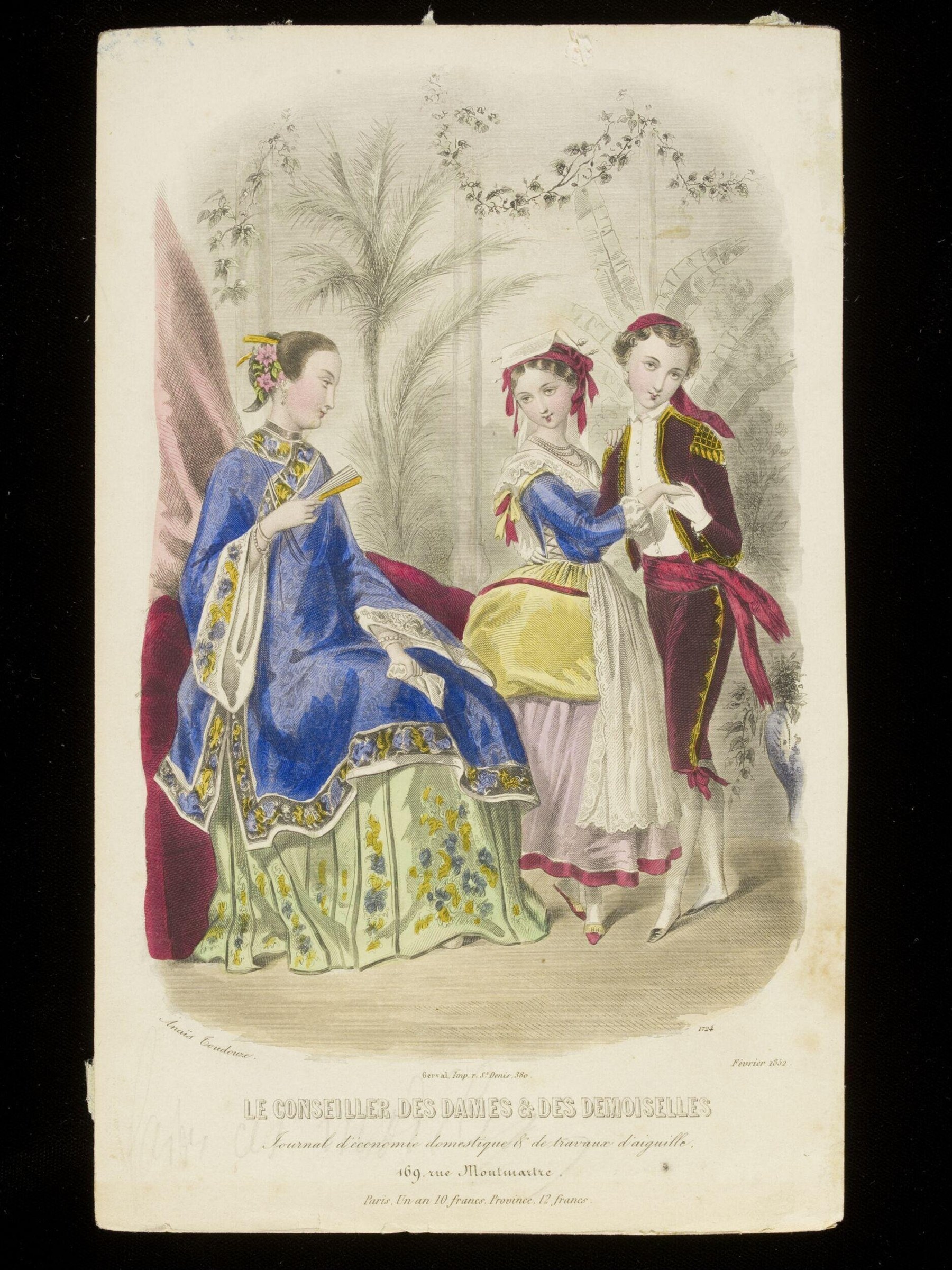 Three elegantly dressed figures in a parlor: a seated woman in blue silk with gold trim holds a yellow fan, a standing woman in white and pink gestures toward