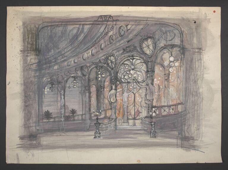 Pencil and watercolor sketch of a grand neoclassical ballroom interior with arched ceiling, ornamental detail, and tall windows opening to a palm-studded