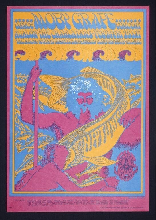 Psychedelic concert poster with reclining figure in magenta and blue, coiled gold serpent form, dense ornamental background, vibrating color fields.