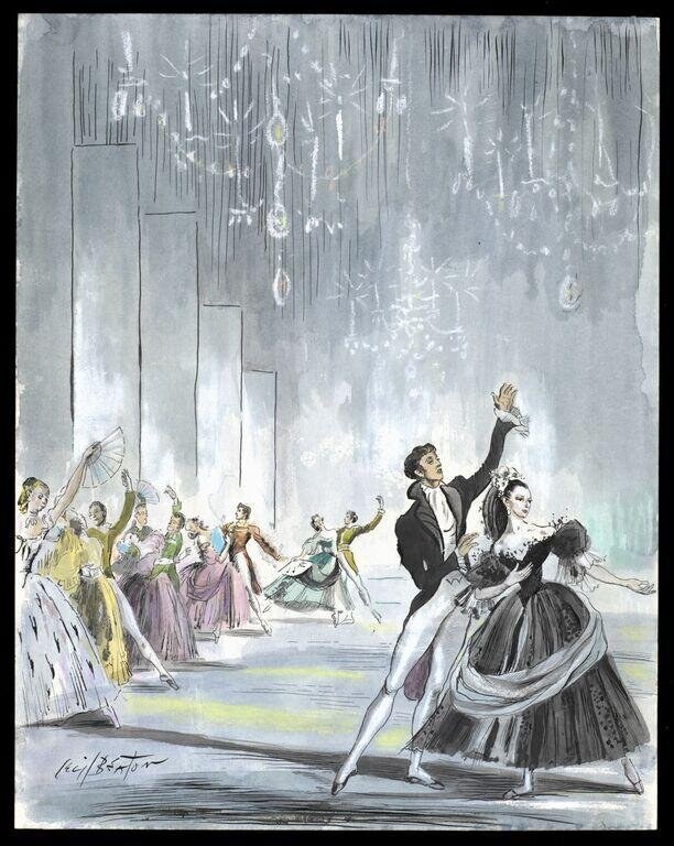 A couple in formal evening dress dance in a grand ballroom; the woman arches backward in a dramatic supported pose as chandeliers descend above.