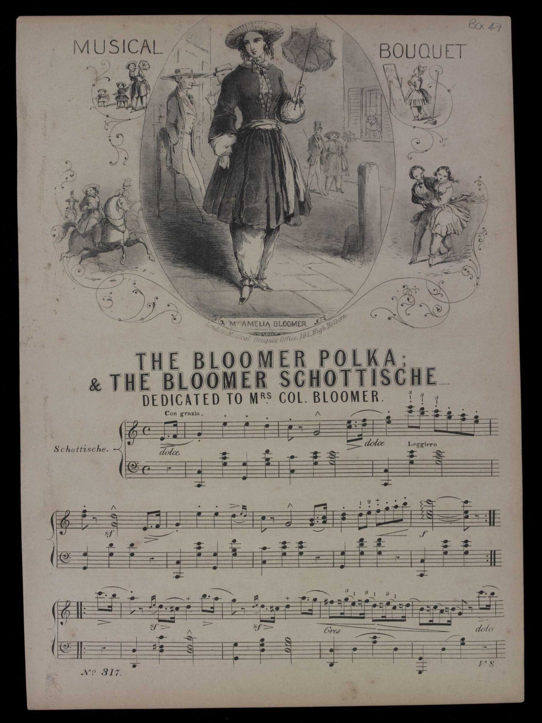 Victorian sheet music cover showing a woman in 1840s dress with parasol, surrounded by decorative vignettes of dancers and musicians.