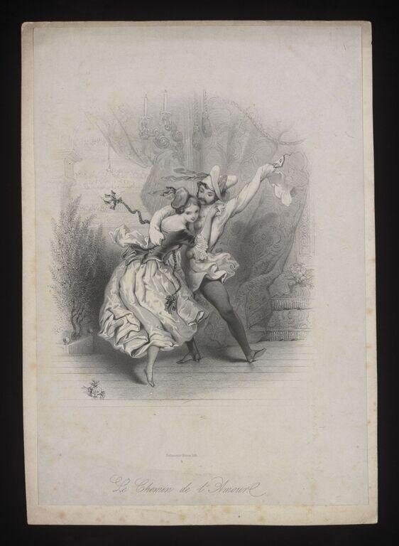 Woman in pale dress lifted and held by dark-clothed male partner in classical interior, arms flung back, head thrown back in exuberance.