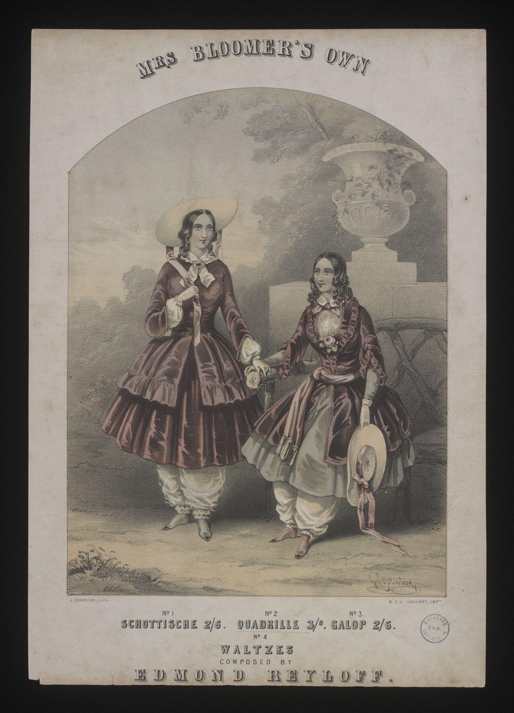 Two women in 1850s ballroom dress stand before a classical urn, conversing in a garden. Sheet music cover for schottische, quadrille, and galop by Edmond
