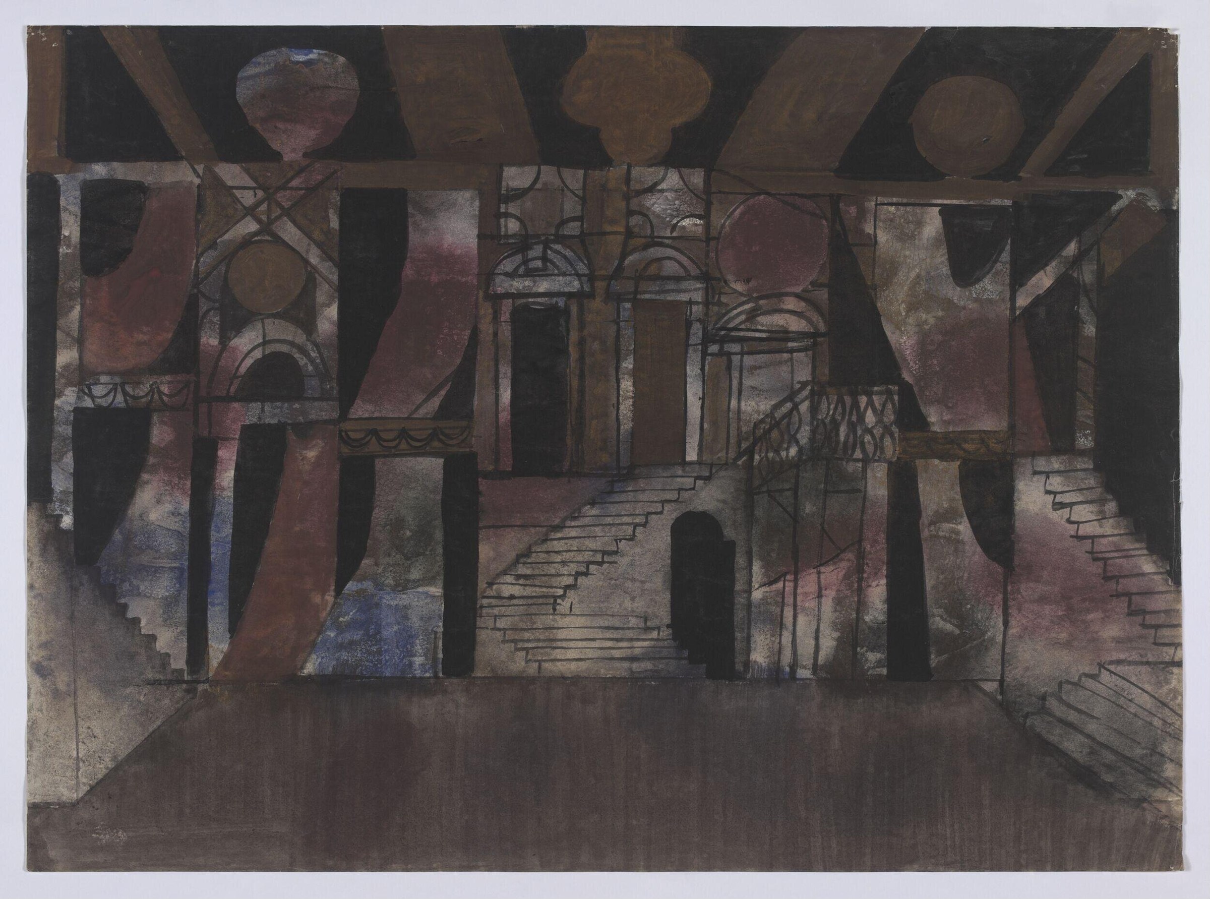 Set design sketch showing a grand interior with columns, arches, and a descending staircase, with floating geometric ornaments above, rendered in muted earth