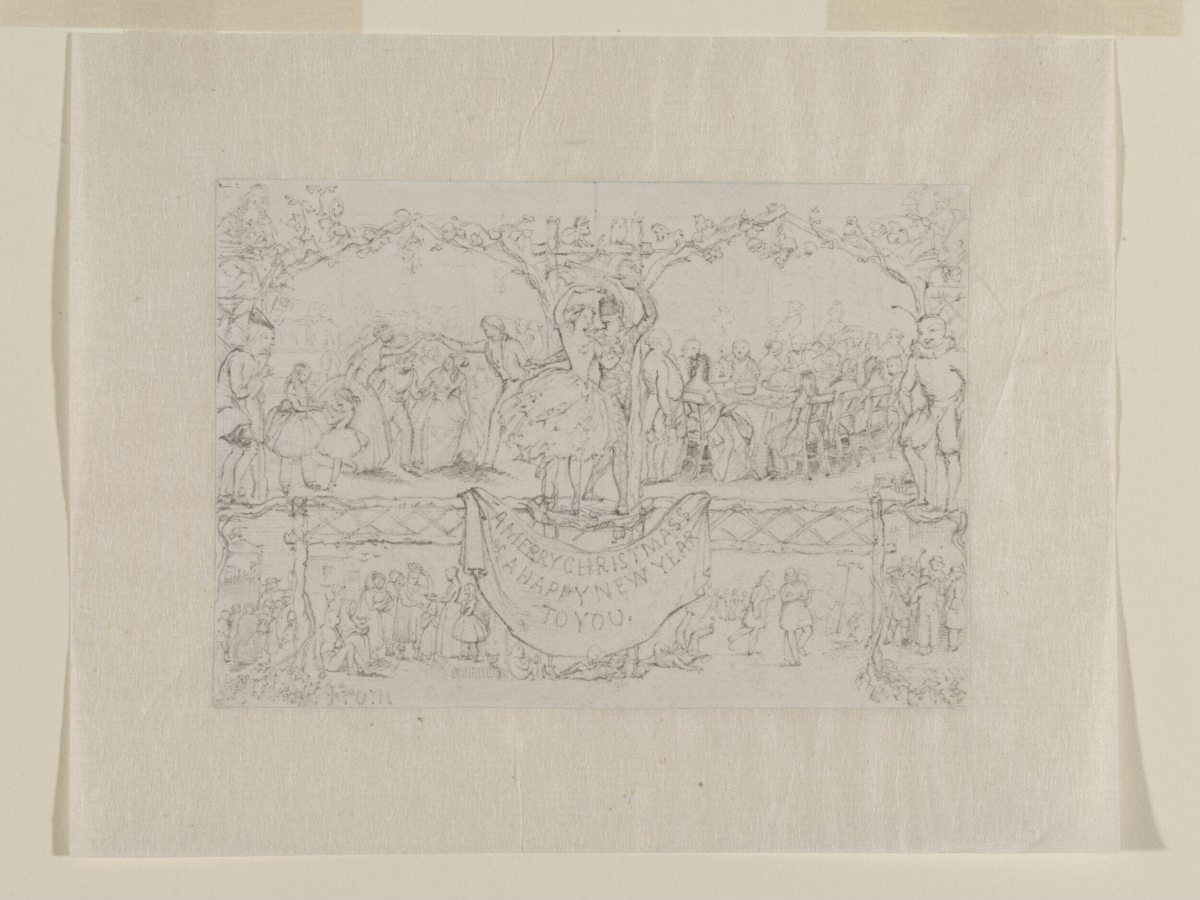 Crowded pen-and-ink drawing of Victorian figures gathered around a decorated Christmas tree, gesturing in celebration.