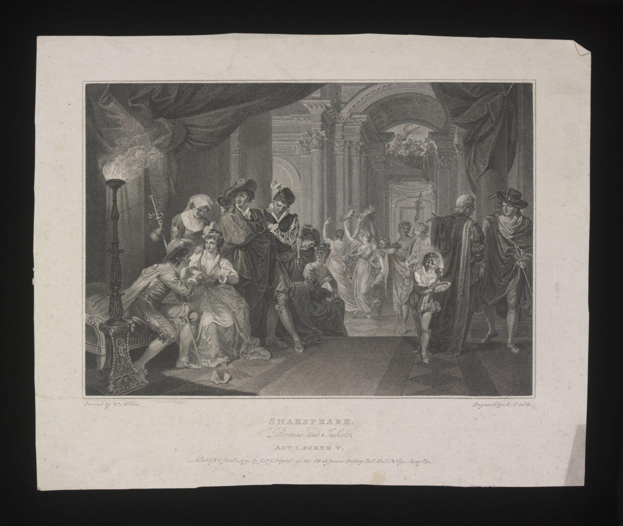 Engraving showing a theatrical scene with a woman in pale dress seated at center, attended by robed figures in a columned palace interior.