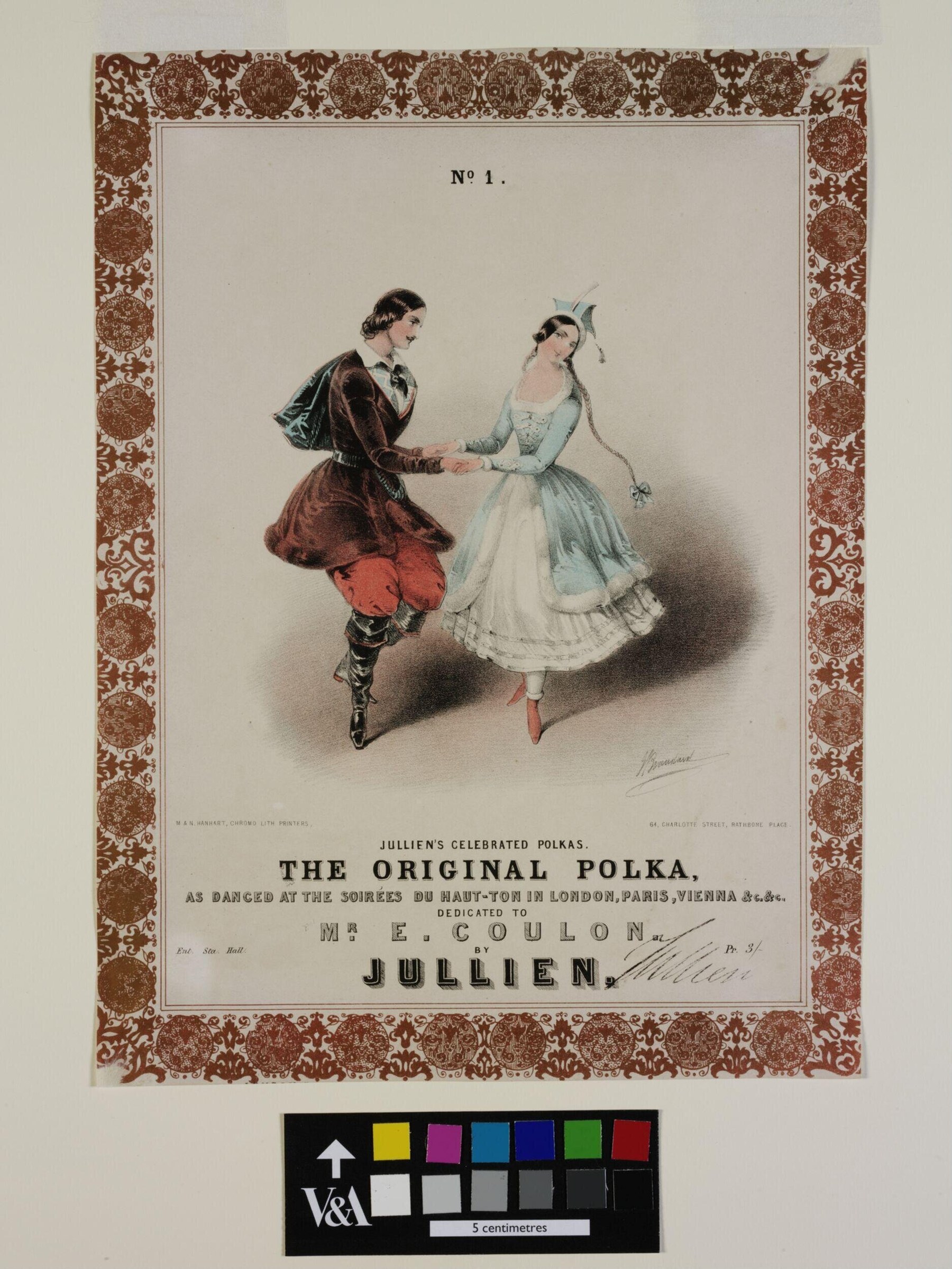 A man in red breeches and a woman in blue dress mid-polka, facing each other with extended arms in a lithograph framed by brown damask ornament.