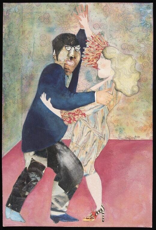 A man in dark clothes and glasses and a blonde woman in pale striped dress embrace tightly against a soft patterned background, their bodies isolated on a
