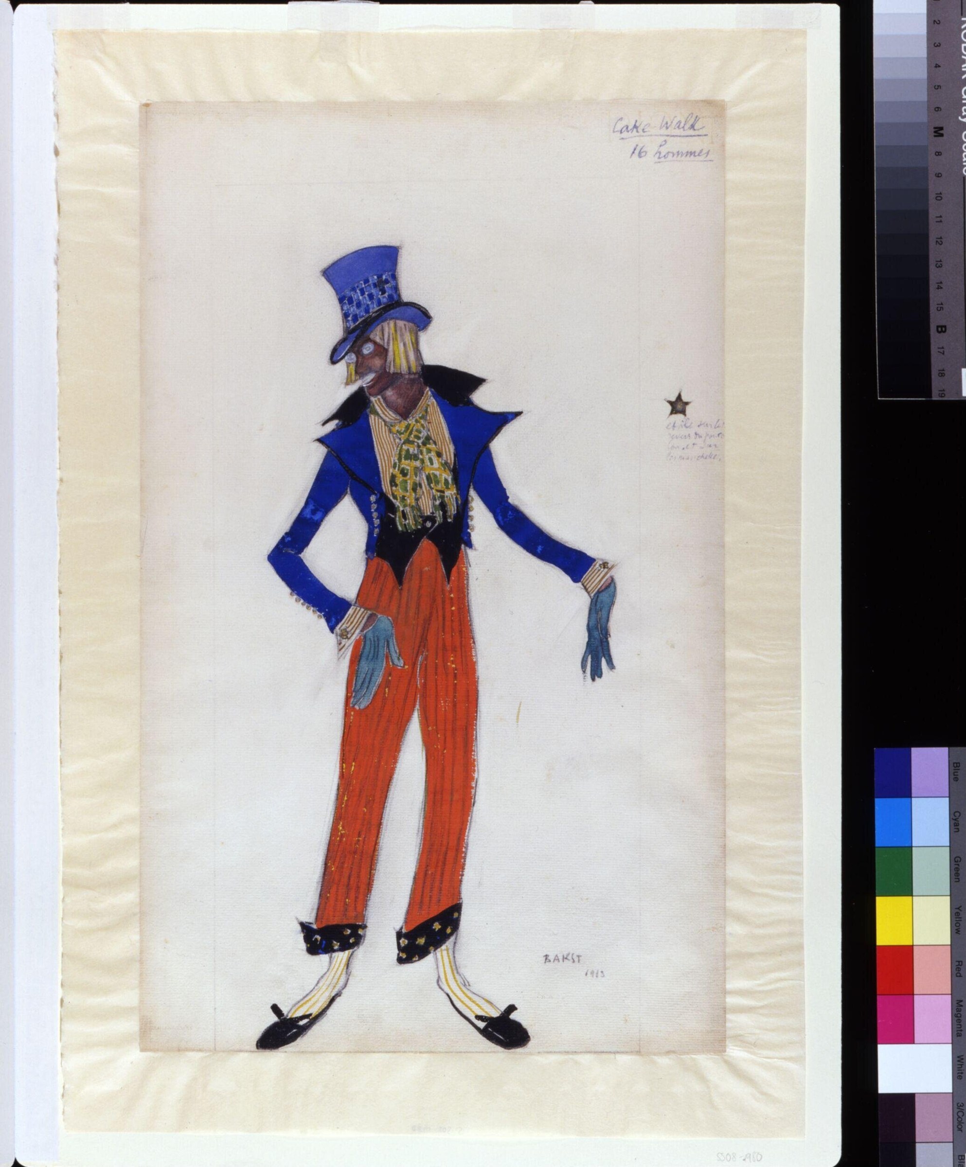 Watercolor costume design showing a tall figure in blue tailcoat, orange striped trousers, and tall blue hat, posed with hand on hip.
