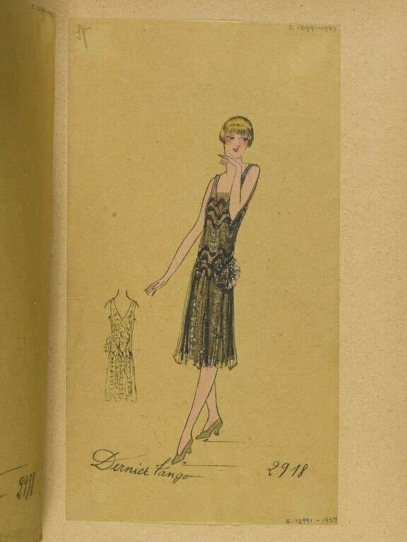 Fashion sketch of a sleeveless, low-backed 1920s evening gown with beaded bodice and pleated skirt, shown on an elegant standing figure.