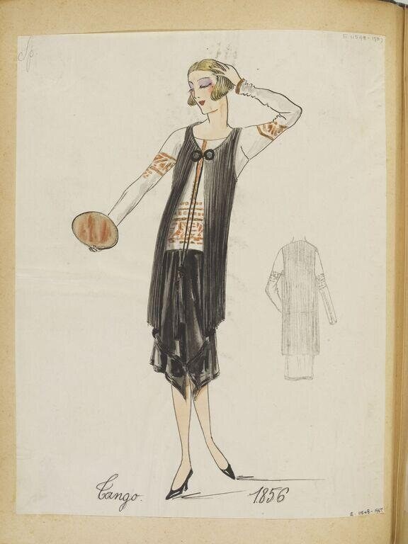Fashion design drawing of a 1920s day dress with pleated cardigan and patterned undergarment, worn by a standing woman adjusting her hair.