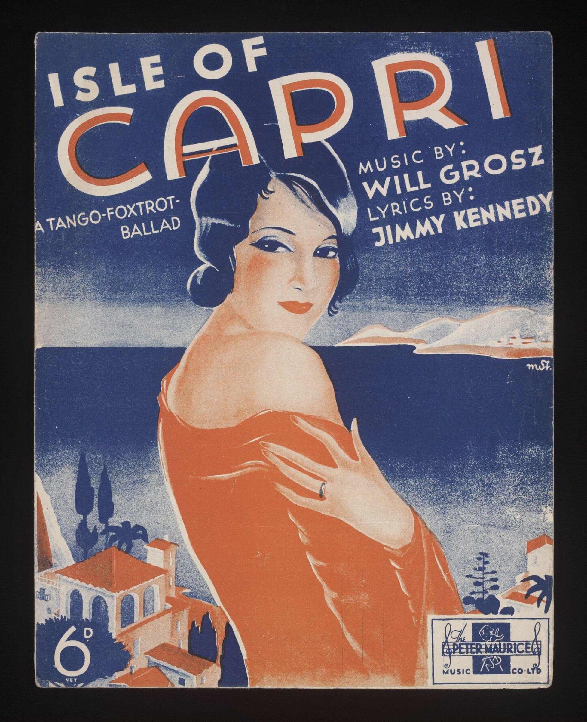 1934 sheet music cover: stylized art deco portrait of a glamorous woman in orange-red draped gown and blue hat, posed against Mediterranean coastal landscape.