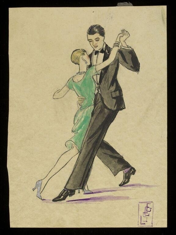 Man in tailcoat and woman in green 1920s dress dance in a closed partner position, mid-turn, against a cream background.