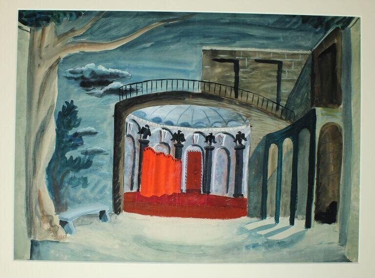 Watercolor stage design showing a domed pavilion with red interior curtains, flanked by classical arches and a curved overhead bridge.