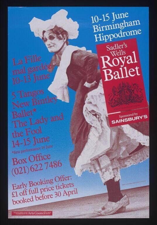Poster for Sadler's Wells Royal Ballet at Birmingham Hippodrome: stylised portrait of a female dancer in an enormous plumed hat and brown jacket, face in sepia