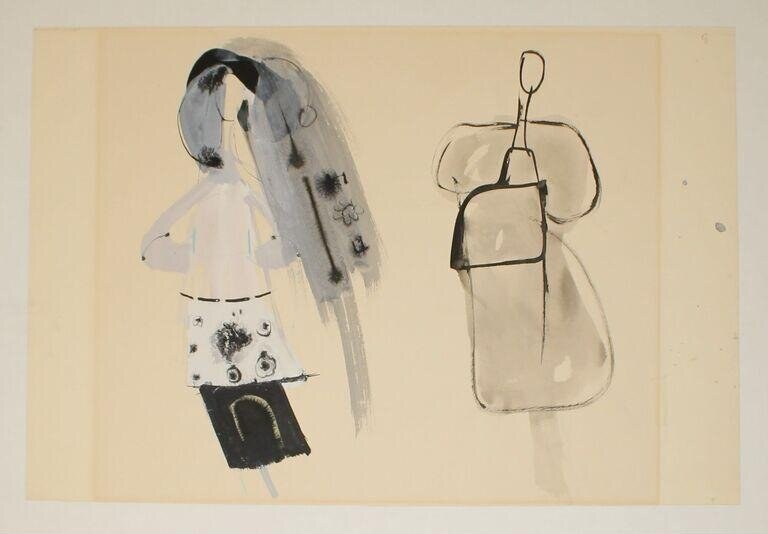 Two costume design sketches: left shows a figure in a bell skirt and draped cloak; right shows a back view in a structured tunic with padded shoulders.
