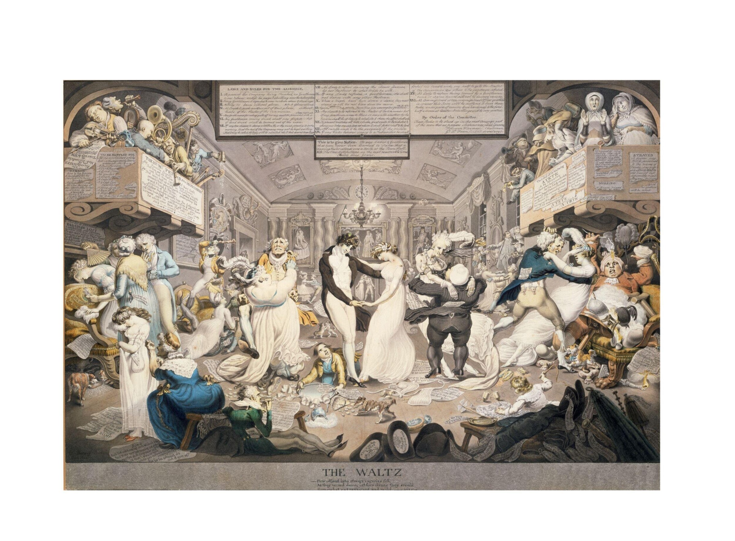 Hand-colored engraving of a crowded Regency ballroom with dancing couples in close holds, surrounded by scattered furniture and onlookers.