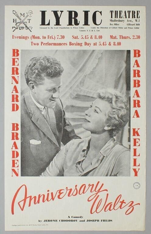 Theatre poster for Anniversary Waltz showing a man and woman in a romantic embrace, with performance times and actor names.
