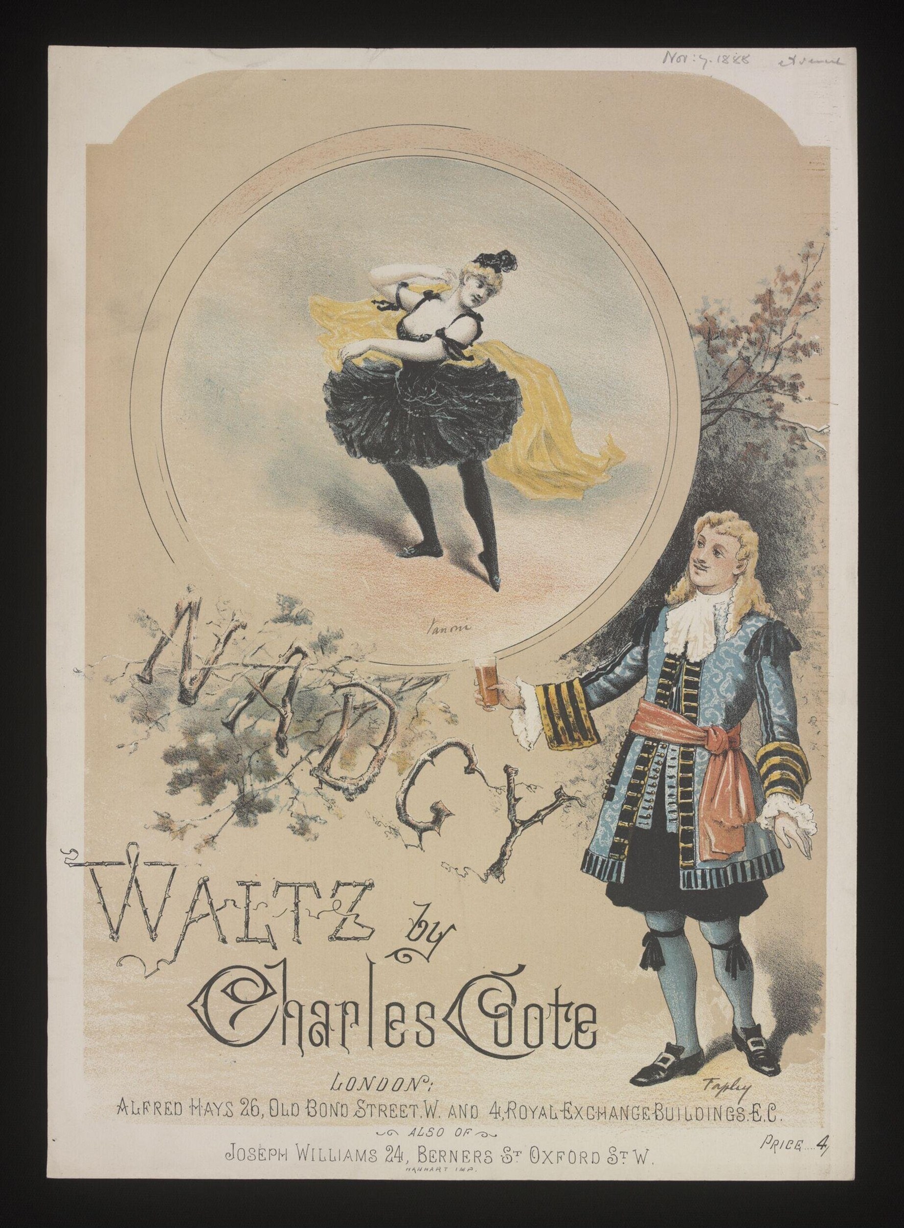 Woman in black tutu gazing upward at a circled image of herself leaping, yellow shawl, ornate costume, tree branch below.