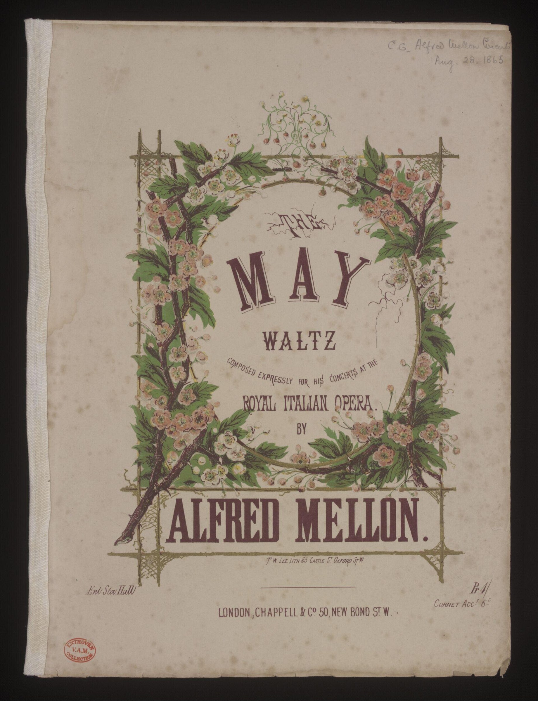 Sheet music cover for The May Waltz by Alfred Mellon, decorated with flowering vines in a lattice frame, 1865