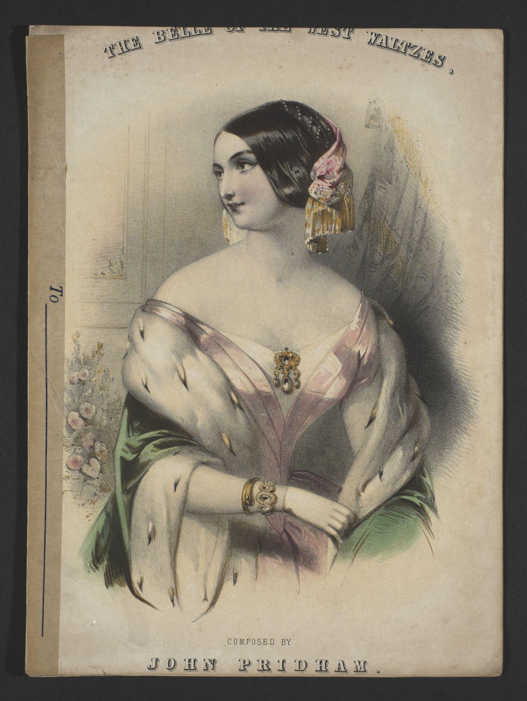 Hand-colored portrait of a woman in mid-19th-century dress with pink gown and elaborate headdress with gold tassels and roses, three-quarter view.