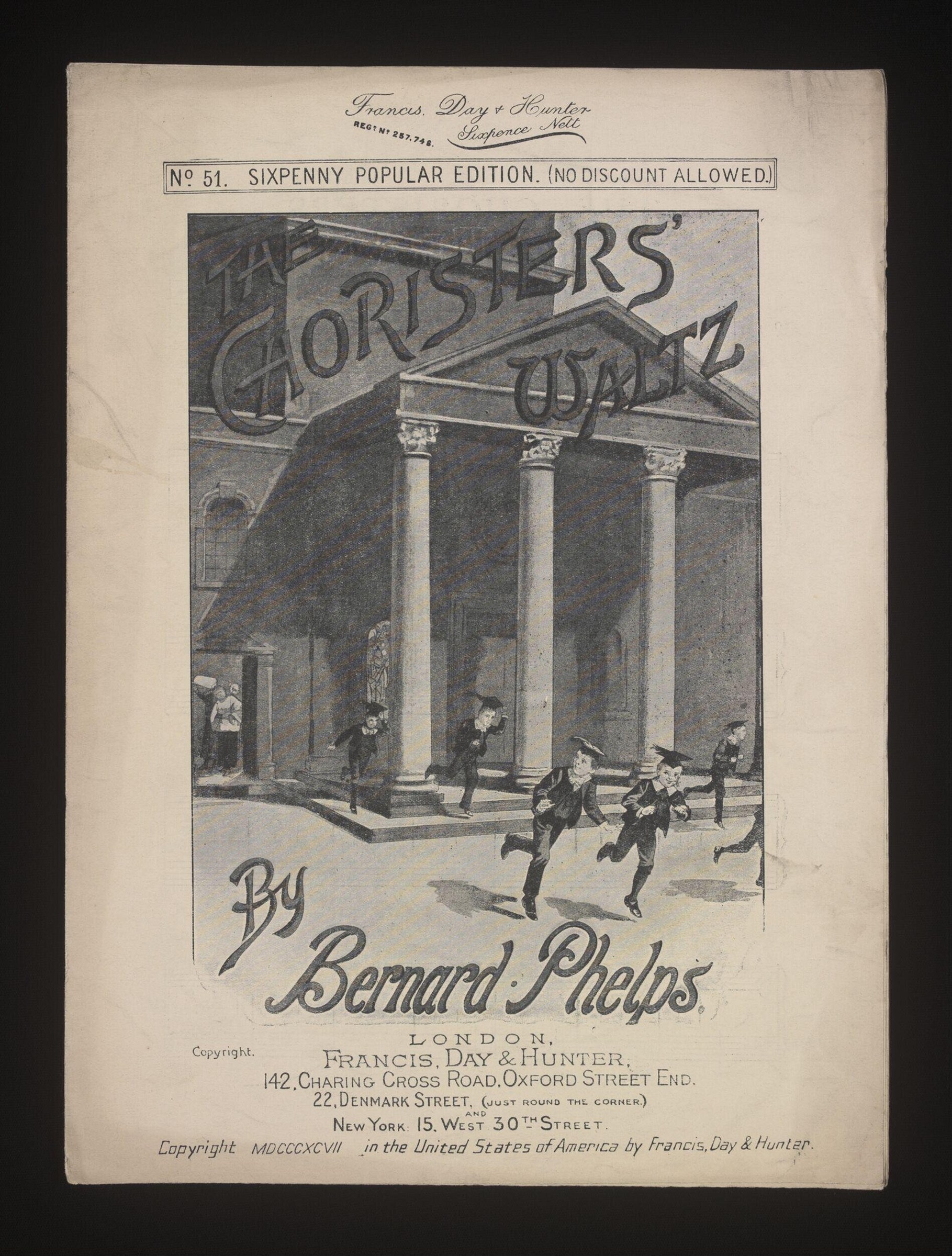 Eight formally dressed male performers stride forward in unison outside a columned neoclassical building, captured in a grayscale lithographic print.